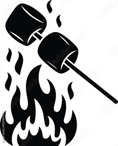 Roasting marshmallows over campfire silhouette vector illustration, camping food stick with flame icon isolated on white background, outdoor adventure cooking symbol design