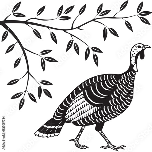 A stylized illustration of a turkey, predominantly black and white, is depicted against a stark white background. The turkey is positioned on the right side of the frame and is shown in profile, walki