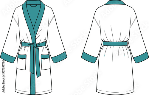 White robe with teal accents front and back view bathrobe dressing gown front view