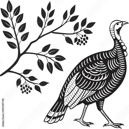 A stylized illustration of a turkey, predominantly black and white, is depicted against a stark white background. The turkey is positioned on the right side of the frame and is shown in profile, walki