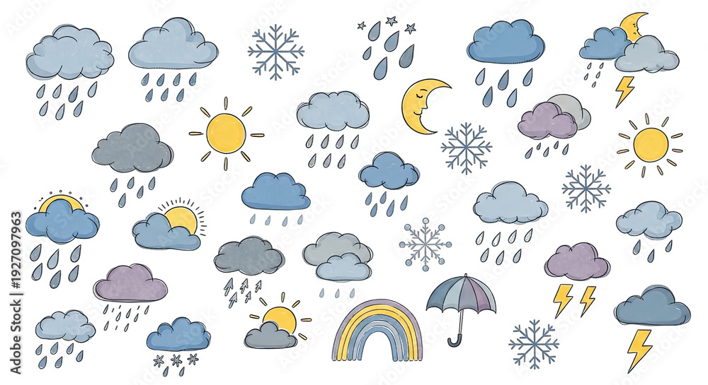 Obraz premium Weather symbols pattern with rain clouds sun moon and rainbow