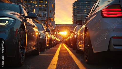 Traffic Jam at Sunset with Modern Cars Lined Up.