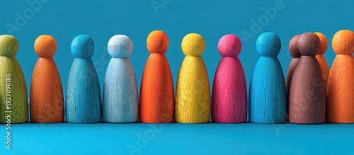A diverse group of colorful wooden peg dolls standing in a line against a bright blue background.