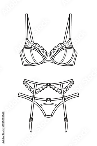 Lingerie Design Sketch Bra and Garter Belt Outline Top View White Background