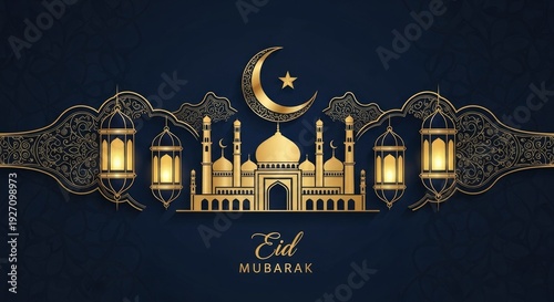 Elegant Islamic greeting card with golden mosque, crescent moon, and traditional lanterns for festive Eid Mubarak celebrations
