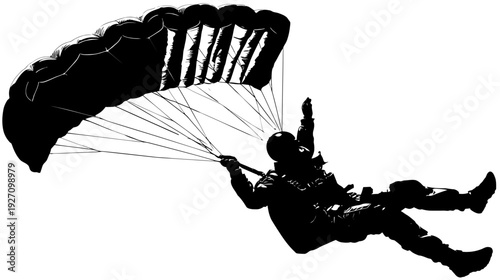 Dynamic silhouette of a skydiver with an open parachute descending, capturing the thrill of extreme sport and adventure