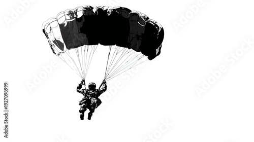 Thrilling black and white image of a skydiver descending with an open parachute, capturing the excitement of extreme sport and adventure.