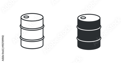 Oil Barrel Icons Set: Outline and Solid Fill Isolated on White Background