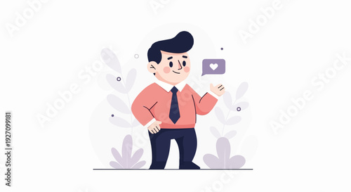 Cheerful cartoon man in a pink shirt, dark tie, and blue pants gestures
