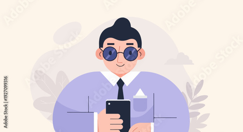 A stylized person in a light purple shirt, tie, and glasses holds a phone
