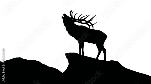 Majestic Stag Silhouette Roaring on Rocky Peak - Powerful Wildlife Vector Icon, Nature's Call Black and White Illustration