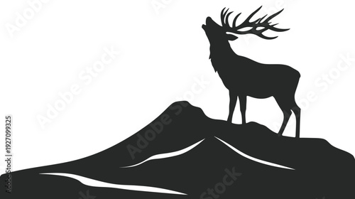 Majestic stag silhouette bugling on a mountain peak. Powerful deer roaring on a hill, wild animal graphic illustration.