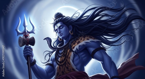 Detailed Digital Illustration of Lord Shiva Holding His Trishul Amidst a Cosmic Blue Aura