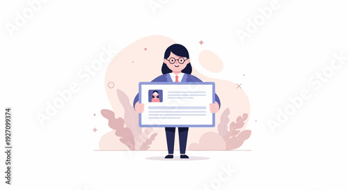A woman in professional attire holds a document with her photo and information