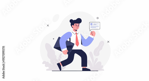 A stylized man in business attire rushes forward with a briefcase and a speech bubble