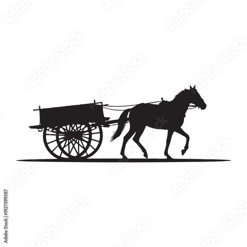 Monochrome Vector Silhouette of Horse Pulling Vintage Farm Cart