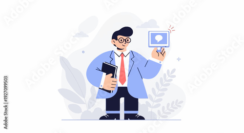 Confident businessman in blue jacket, red tie, holding book and tablet with chat bubble