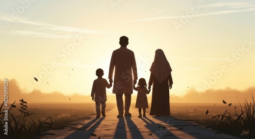 A united family walks hand-in-hand into the warm embrace of a setting sun, embarking on a shared journey of love, hope, and togetherness towards a bright future on a scenic path