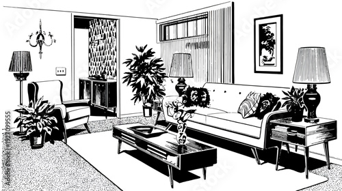 Retro Mid-Century Modern Living Room Interior Design Illustration. Black and White Home Decor Line Art with Furniture.