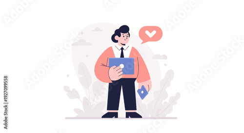 A smiling man in a coral sweater and dark pants holds a blue laptop and a phone, with a heart speech bubble above him