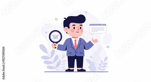 A person in a suit examines an email icon with a magnifying glass, with a chat bubble nearby