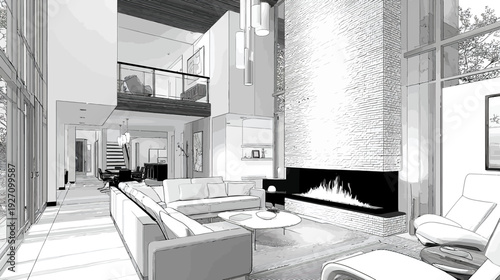 Contemporary black and white interior design rendering of a luxurious open-plan living room with a large fireplace and mezzanine.