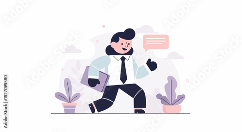 Stylized business person walking with briefcase, plants, and chat bubble