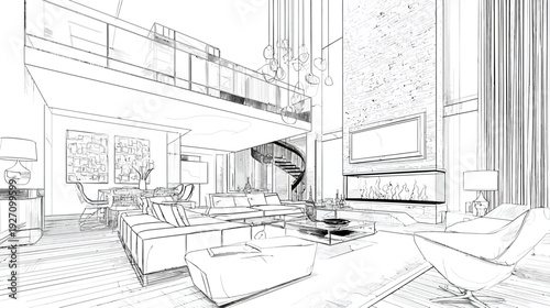 Modern luxury interior design concept sketch of a spacious multi-level living room with contemporary furniture and architectural details