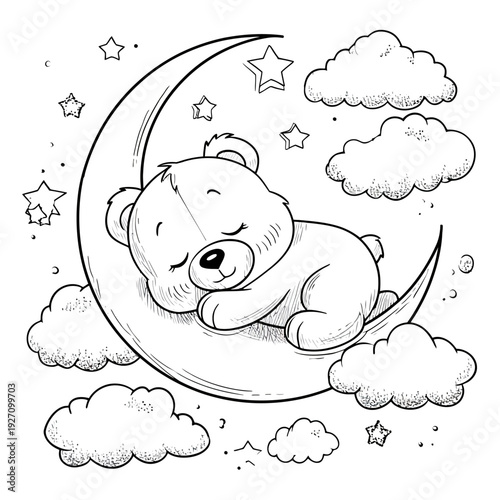 Cute sleeping teddy bear on crescent moon with stars and clouds, black and white line art for coloring book, peaceful nursery dream illustration
