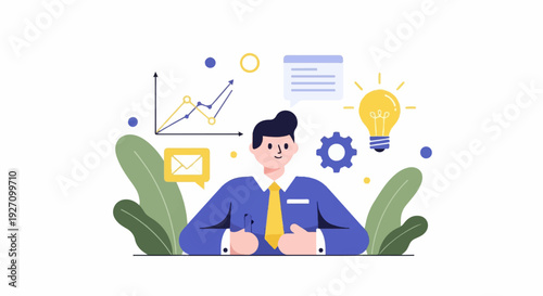 A stylized man in a suit sits at a desk, surrounded by symbols of business and innovation