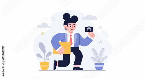 Cartoon man in suit running with folder and camera, flanked by potted plants