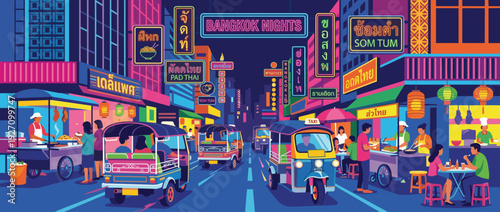 Vibrant flat vector illustration of a bustling Bangkok street food market at night with colorful neon signs, iconic tuk-tuks, street vendors, and people enjoying local Thai cuisine in Thailand.