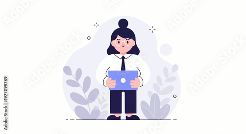 Minimalist illustration of a person in business attire holding a laptop, with abstract plants