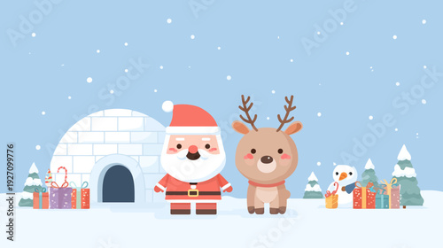 Joyful holiday illustration with festive character, cute reindeer, igloo, and presents in a snowy winter landscape