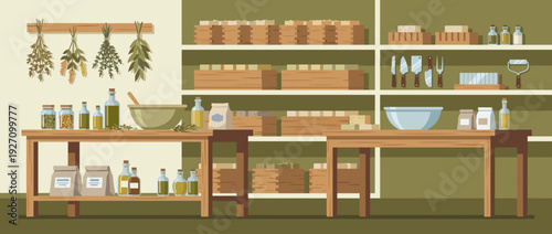 Flat vector illustration of a traditional artisanal soap making workshop featuring natural ingredients, dried herbs, essential oils, wooden molds, handmade soap bars, and tools on shelves.