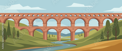 Flat vector illustration of a scenic ancient Roman aqueduct spanning a lush green valley with a winding river, historical stone bridge architecture with multiple tiers of arches under a blue sky.