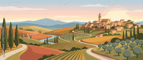 Flat vector illustration of a peaceful spring morning in a Tuscan hill town with cypress trees, rolling hills, vineyards, olive groves, and a winding river under a soft sunrise sky in Italy.