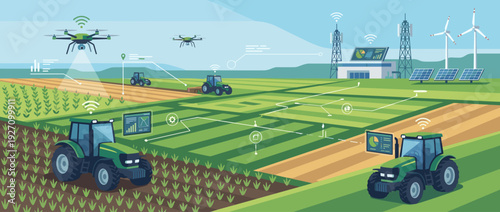 Smart Farming Concept with Autonomous Tractors, Agricultural Drones, and IoT Sensors in a Precision Agriculture Landscape with Renewable Energy Sources like Solar Panels and Wind Turbines.
