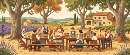 Traditional Provencal Outdoor Dining Scene Vector Illustration with a Large Family Gathering at a Long Table Under Trees, Lavender Fields, Vineyards, and a Rustic Stone Farmhouse in Southern France.