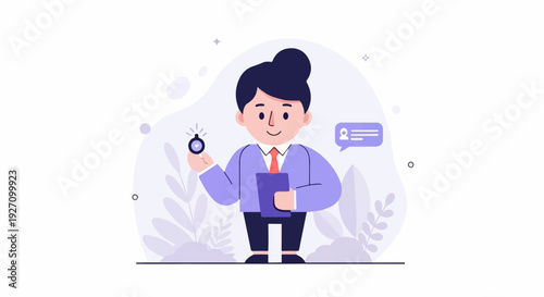 Stylized cartoon person in a suit holding a small object and a folder, with a speech bubble