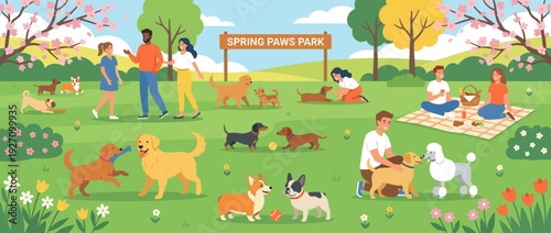 Flat vector illustration of a sunny spring day at Spring Paws Park with diverse people and various dog breeds like Golden Retrievers, Corgis, and Poodles playing, socializing, and picnicking.