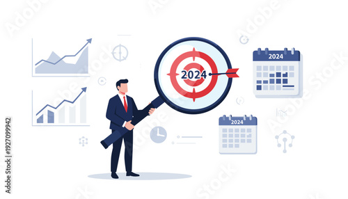 Business Strategy and Planning for 2024 with Businessman Holding Magnifying Glass over Target, Growth Charts, and Calendars. Concept of Financial Analysis, Goal Setting, and Market Forecasting.
