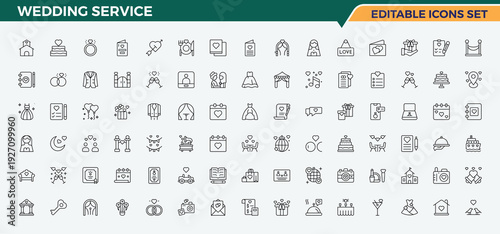 Wedding Service line icon set. Agency icon set. Modern vector illustration. Pack of lighting services, catering service, event, agency, celebration and more. Vector artwork and illustration.