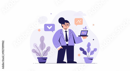 A person in a suit holds a laptop displaying a chart next to potted plants and speech bubbles