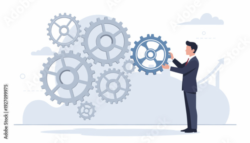 Businessman placing a missing blue gear into a large cogwheel mechanism, symbolizing business process development, strategic integration, problem solving, teamwork, and corporate efficiency.