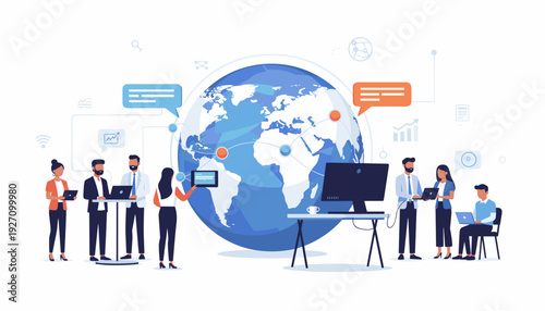 Diverse business people working together around a large globe with digital icons, representing global communication, international teamwork, remote work, and worldwide business connectivity.