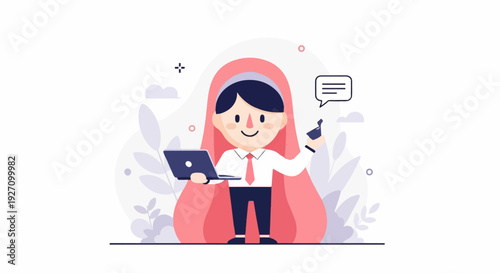 Cheerful person in business attire working on a laptop and holding a phone