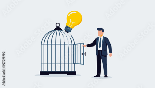 Businessman Releasing a Glowing Light Bulb Idea from an Open Birdcage, Symbolizing Creative Freedom, Innovation, Breaking Free from Constraints, and Sharing New Thoughts, Vector Illustration Design