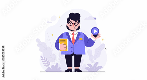 Animated figure in a suit, holding a book and a play button