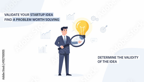 Businessman using a magnifying glass to validate a startup idea light bulb, finding a problem worth solving. Concept of market research, business strategy, growth analysis, and entrepreneurship.